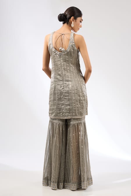 Shop Priyal Prakash Grey Dupatta Silk Organza, And Gharara Chanderi, & Stripes Set at Aza Fashions Shop_Priyal Prakash_Grey Dupatta Silk Organza, And Gharara Chanderi, & Stripes Set _at_Aza_Fashions