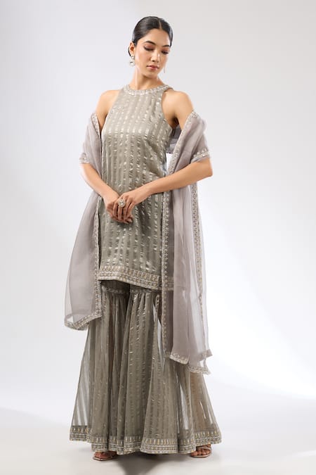 Buy Priyal Prakash Grey Dupatta Silk Organza, And Gharara Chanderi, & Stripes Set Online at Aza Fashions Buy_Priyal Prakash_Grey Dupatta Silk Organza, And Gharara Chanderi, & Stripes Set _Online_at_Aza_Fashions