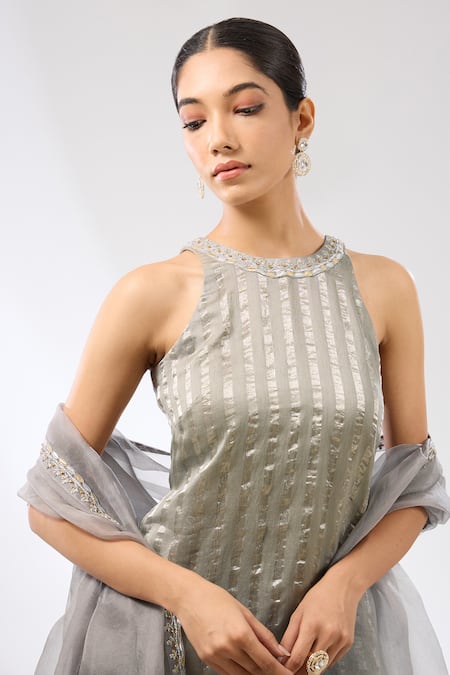 Shop Priyal Prakash Grey Dupatta Silk Organza, And Gharara Chanderi, & Stripes Set Online at Aza Fashions Shop_Priyal Prakash_Grey Dupatta Silk Organza, And Gharara Chanderi, & Stripes Set _Online_at_Aza_Fashions