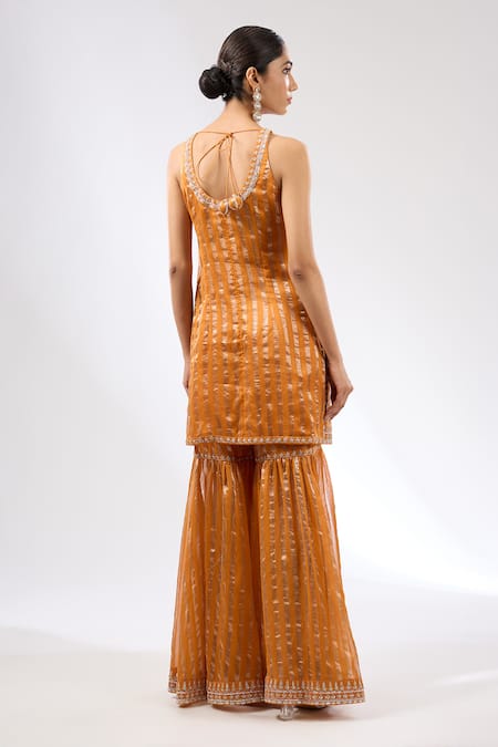 Shop Priyal Prakash Orange Chanderi, Cotton, Silk Organza Gota Embroidered Kurta Gharara Set at Aza Fashions Shop_Priyal Prakash_Orange Chanderi, Cotton, Silk Organza Gota Embroidered Kurta Gharara Set _at_Aza_Fashions