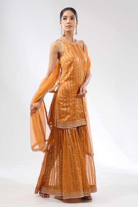 Priyal Prakash Orange Chanderi, Cotton, Silk Organza Gota Embroidered Kurta Gharara Set Online at Aza Fashions Priyal Prakash_Orange Chanderi, Cotton, Silk Organza Gota Embroidered Kurta Gharara Set _Online_at_Aza_Fashions