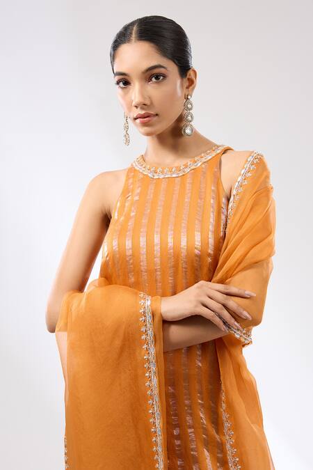 Shop Priyal Prakash Orange Chanderi, Cotton, Silk Organza Gota Embroidered Kurta Gharara Set Online at Aza Fashions Shop_Priyal Prakash_Orange Chanderi, Cotton, Silk Organza Gota Embroidered Kurta Gharara Set _Online_at_Aza_Fashions