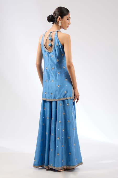 Shop Priyal Prakash Blue Dupatta Silk Organza, And Sharara Chanderi, & Embroidered Set at Aza Fashions Shop_Priyal Prakash_Blue Dupatta Silk Organza, And Sharara Chanderi, & Embroidered Set _at_Aza_Fashions