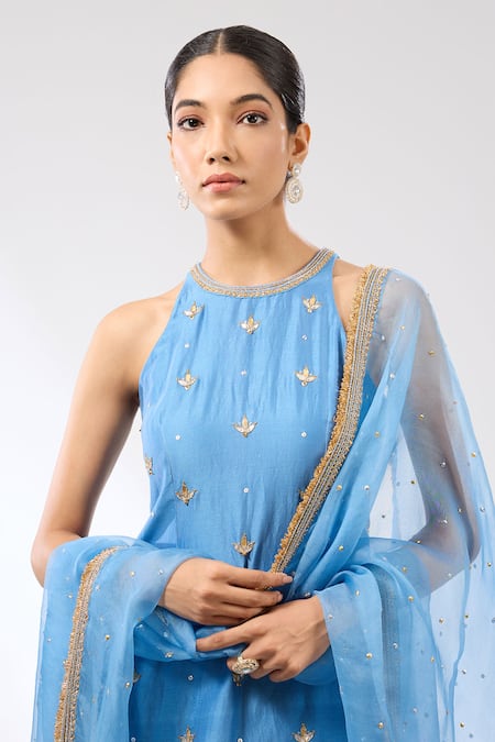 Priyal Prakash Blue Dupatta Silk Organza, And Sharara Chanderi, & Embroidered Set Online at Aza Fashions Priyal Prakash_Blue Dupatta Silk Organza, And Sharara Chanderi, & Embroidered Set _Online_at_Aza_Fashions