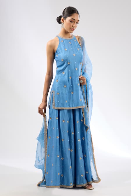 Buy Priyal Prakash Blue Dupatta Silk Organza, And Sharara Chanderi, & Embroidered Set Online at Aza Fashions Buy_Priyal Prakash_Blue Dupatta Silk Organza, And Sharara Chanderi, & Embroidered Set _Online_at_Aza_Fashions
