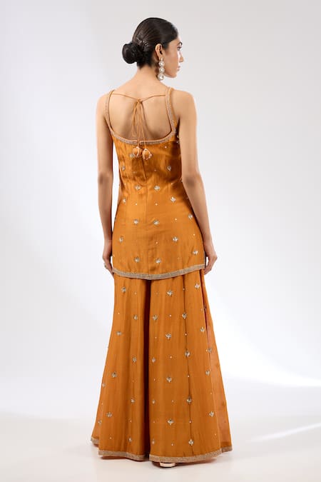 Shop Priyal Prakash Orange Chanderi, Cotton, Silk Organza Hand Embroidered Kurta Sharara Set at Aza Fashions Shop_Priyal Prakash_Orange Chanderi, Cotton, Silk Organza Hand Embroidered Kurta Sharara Set _at_Aza_Fashions