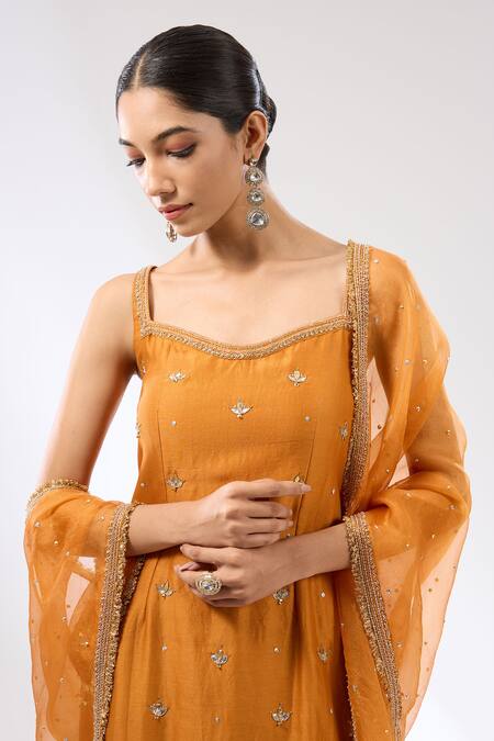 Priyal Prakash Orange Chanderi, Cotton, Silk Organza Hand Embroidered Kurta Sharara Set Online at Aza Fashions Priyal Prakash_Orange Chanderi, Cotton, Silk Organza Hand Embroidered Kurta Sharara Set _Online_at_Aza_Fashions