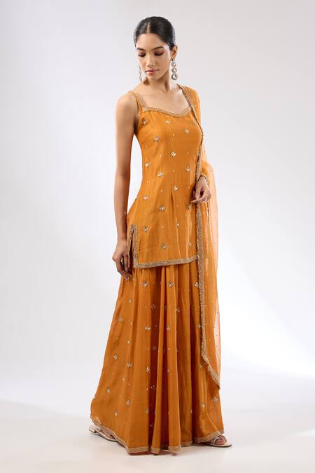 Shop Priyal Prakash Orange Chanderi, Cotton, Silk Organza Hand Embroidered Kurta Sharara Set Online at Aza Fashions Shop_Priyal Prakash_Orange Chanderi, Cotton, Silk Organza Hand Embroidered Kurta Sharara Set _Online_at_Aza_Fashions