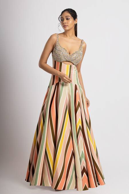 Rajat K Tangri_Multi Color Crepe And Organza Chevron, Print Anarkali With Embellished Dupatta _Online_at_Aza_Fashions
