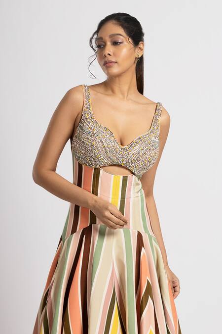 Buy_Rajat K Tangri_Multi Color Crepe And Organza Chevron, Print Anarkali With Embellished Dupatta _Online_at_Aza_Fashions