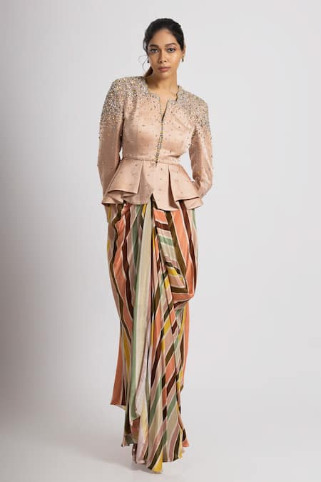 Rajat K Tangri Crystal Embellished Peplum Jacket With Draped Skirt 