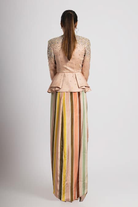 Shop Rajat K Tangri Multi Color Crepe, Linen Satin Embellished Peplum Jacket With Draped Skirt at Aza Fashions Shop_Rajat K Tangri_Multi Color Crepe, Linen Satin Embellished Peplum Jacket With Draped Skirt _at_Aza_Fashions