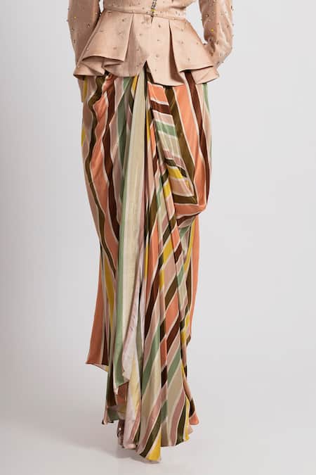 Rajat K Tangri Multi Color Crepe, Linen Satin Embellished Peplum Jacket With Draped Skirt Online at Aza Fashions Rajat K Tangri_Multi Color Crepe, Linen Satin Embellished Peplum Jacket With Draped Skirt _Online_at_Aza_Fashions