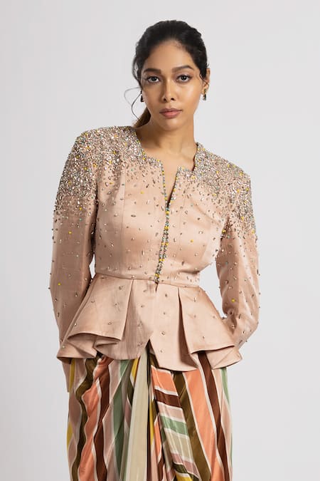 Buy Rajat K Tangri Multi Color Crepe, Linen Satin Embellished Peplum Jacket With Draped Skirt Online at Aza Fashions Buy_Rajat K Tangri_Multi Color Crepe, Linen Satin Embellished Peplum Jacket With Draped Skirt _Online_at_Aza_Fashions