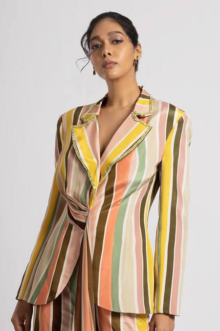 Rajat K Tangri_Multi Color Crepe Crystals Collared Multicolor Stripe Print Jacket And Pant _Online_at_Aza_Fashions