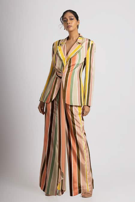 Rajat K Tangri Multicolor Stripe Print Jacket & Flared Pant 