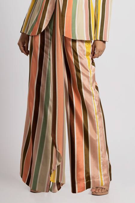 Buy_Rajat K Tangri_Multi Color Crepe Crystals Collared Multicolor Stripe Print Jacket And Pant _Online_at_Aza_Fashions