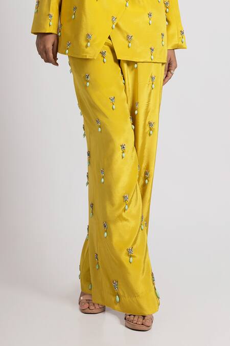 Rajat K Tangri_Yellow Crepe Beads, Crystals V-neck Embellished Jacket And Flared Pant Set _Online_at_Aza_Fashions