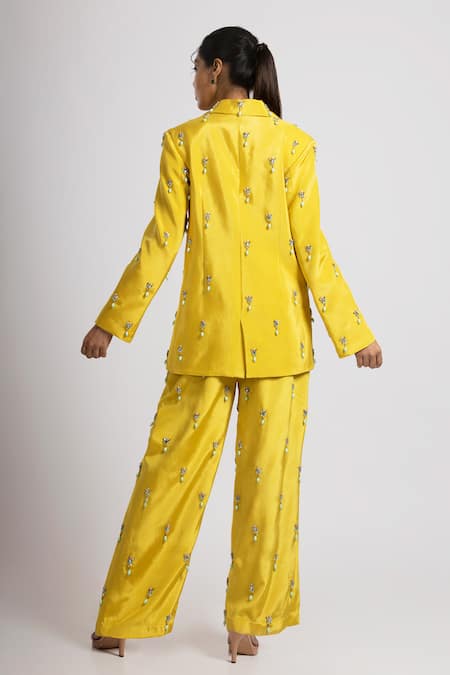 Shop_Rajat K Tangri_Yellow Crepe Beads, Crystals V-neck Embellished Jacket And Flared Pant Set _at_Aza_Fashions