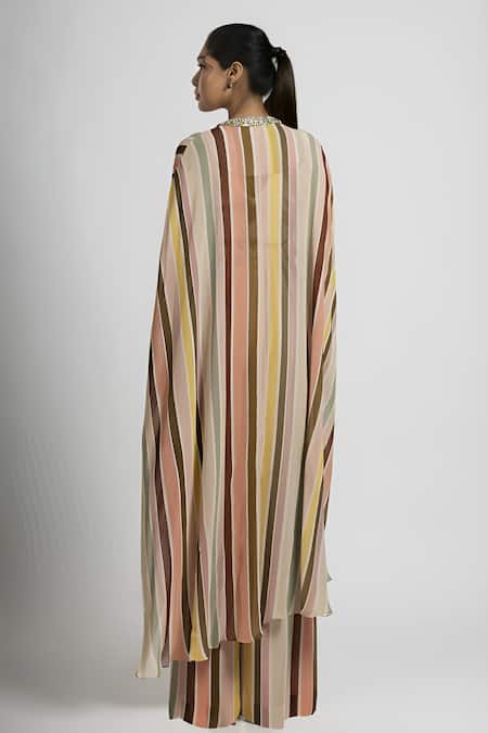 Shop Rajat K Tangri Multi Color Georgette Crystals Mandarin Multicolor Stripe Print Kaftan Set at Aza Fashions Shop_Rajat K Tangri_Multi Color Georgette Crystals Mandarin Multicolor Stripe Print Kaftan Set _at_Aza_Fashions