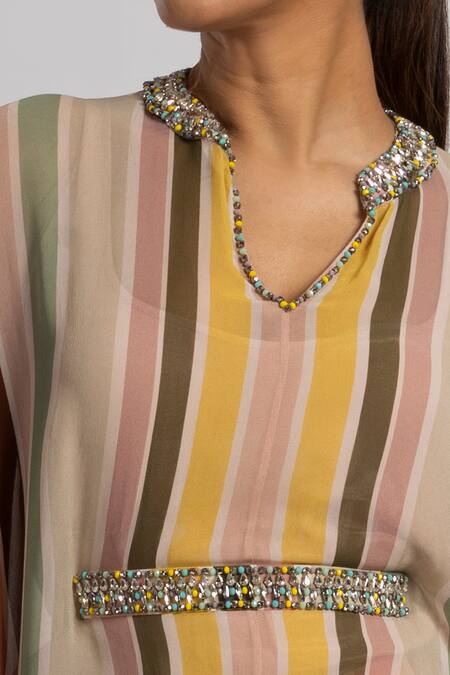 Rajat K Tangri Multi Color Georgette Crystals Mandarin Multicolor Stripe Print Kaftan Set Online at Aza Fashions Rajat K Tangri_Multi Color Georgette Crystals Mandarin Multicolor Stripe Print Kaftan Set _Online_at_Aza_Fashions