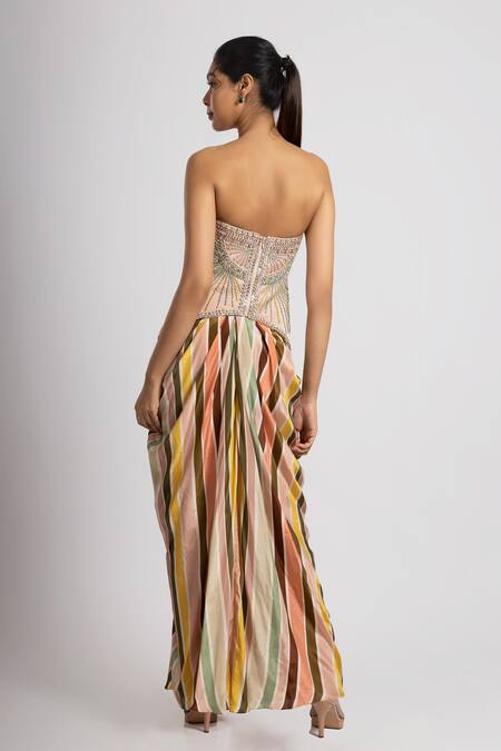 Shop Rajat K Tangri Multi Color Crepe, Linen Crystals, Embroidery Corset And Striped Draped Skirt Set at Aza Fashions Shop_Rajat K Tangri_Multi Color Crepe, Linen Crystals, Embroidery Corset And Striped Draped Skirt Set _at_Aza_Fashions