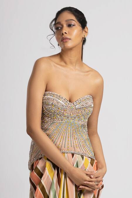 Rajat K Tangri Multi Color Crepe, Linen Crystals, Embroidery Corset And Striped Draped Skirt Set Online at Aza Fashions Rajat K Tangri_Multi Color Crepe, Linen Crystals, Embroidery Corset And Striped Draped Skirt Set _Online_at_Aza_Fashions