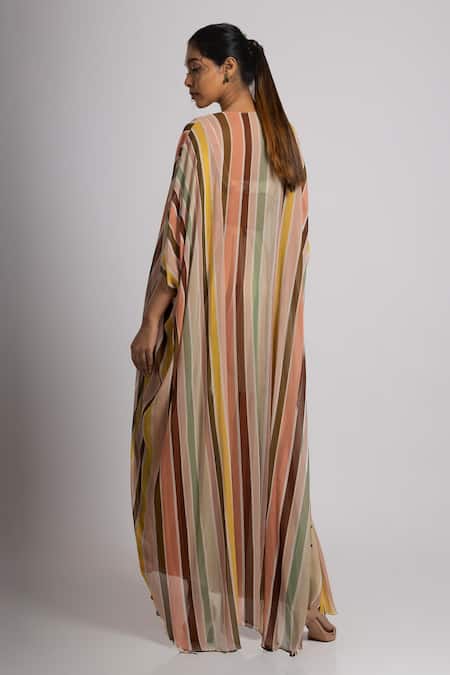 Shop Rajat K Tangri Multi Color Crepe, Georgette Crystals Multicolor Stripe Print Cape Sharara Set at Aza Fashions Shop_Rajat K Tangri_Multi Color Crepe, Georgette Crystals Multicolor Stripe Print Cape Sharara Set _at_Aza_Fashions