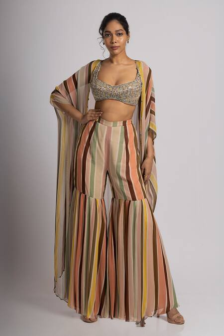 Rajat K Tangri Multi Color Crepe, Georgette Crystals Multicolor Stripe Print Cape Sharara Set Online at Aza Fashions Rajat K Tangri_Multi Color Crepe, Georgette Crystals Multicolor Stripe Print Cape Sharara Set _Online_at_Aza_Fashions