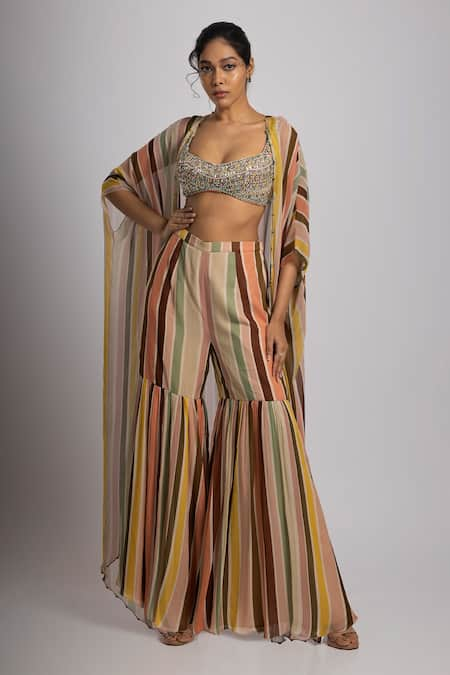 Rajat K Tangri Multicolor Stripe Print Cape Sharara Set 