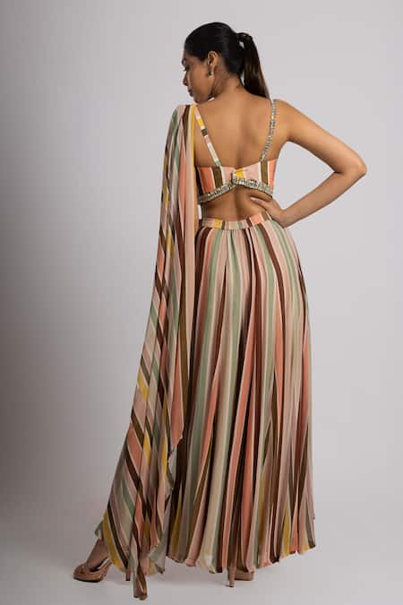 Shop Rajat K Tangri Multi Color Crepe, Georgette Crystal, Print Draped Crop Top With Flared Pant at Aza Fashions Shop_Rajat K Tangri_Multi Color Crepe, Georgette Crystal, Print Draped Crop Top With Flared Pant _at_Aza_Fashions