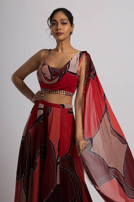 Rajat K Tangri_Multi Color Georgette Mirrors Sweetheart Neck Amoeba Embroidered Cowl Top Set _Online_at_Aza_Fashions