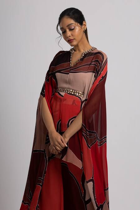 Rajat K Tangri_Multi Color Georgette Sequins, Beads V-neck Abstract Pattern Kaftan And Pant Set _Online_at_Aza_Fashions