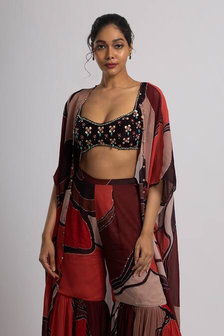 Rajat K Tangri_Black Crepe, Georgette Sequins, Beads Abstract Pattern Cape And Sharara Set _Online_at_Aza_Fashions