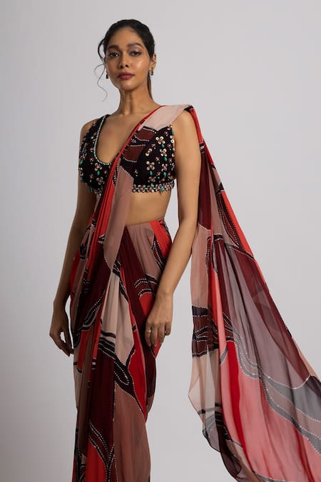 Rajat K Tangri_Black Crepe, Georgette Beads, Abstract Pattern Multi Color Saree And Blouse _Online_at_Aza_Fashions