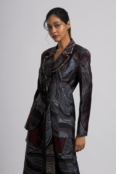 Rajat K Tangri_Black Georgette, Tafetta Sequin, Bead Lapel Abstract Pattern Jacket And Pant Set _Online_at_Aza_Fashions