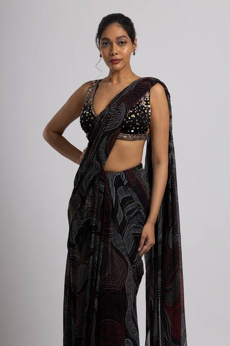 Rajat K Tangri_Black Crepe, Georgette Sequin, Abstract Pattern Saree With Embroidered Blouse _Online_at_Aza_Fashions