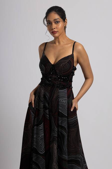 Rajat K Tangri_Black Georgette Tassels, Beads Sweetheart Abstract Pattern Jumpsuit And Corset Set _Online_at_Aza_Fashions