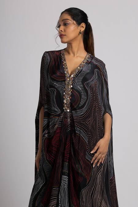 Rajat K Tangri_Black Crepe Sequin, Bead V Neck Abstract Pattern Embroidered Kaftan And Pant Set _Online_at_Aza_Fashions