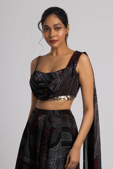 Rajat K Tangri_Black Crepe, Georgette Beads, Embroidery Beaded Tassel Cowl Top And Pant Set _Online_at_Aza_Fashions