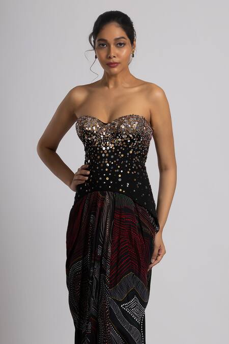 Rajat K Tangri Black Crepe, Linen, Satin Sequins Embroidered Corset And Draped Skirt Set Online at Aza Fashions Rajat K Tangri_Black Crepe, Linen, Satin Sequins Embroidered Corset And Draped Skirt Set _Online_at_Aza_Fashions