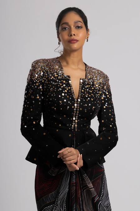 Rajat K Tangri_Black Crepe, Linen Satin Sequin, Embroidered Peplum Jacket And Draped Skirt Set _Online_at_Aza_Fashions
