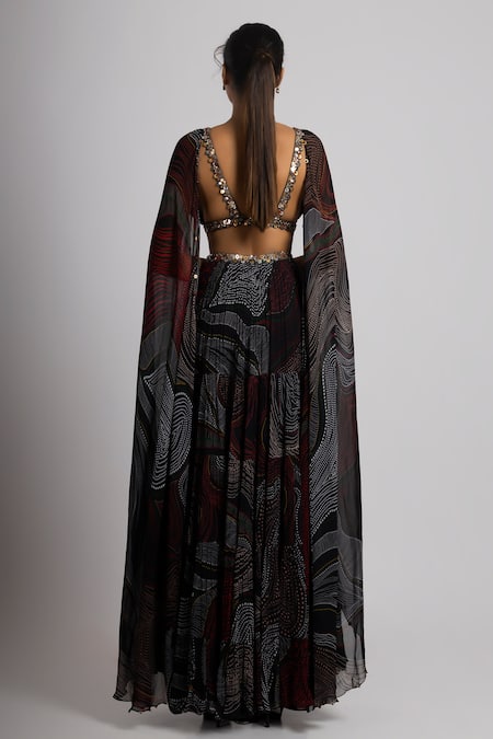 Rajat K Tangri Abstract Pattern Lehenga With Cape Sleeve Blouse 
