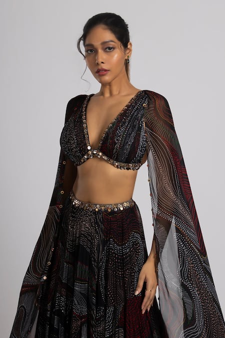Rajat K Tangri_Black Georgette Sequin Plunging Abstract Pattern Lehenga With Cape Sleeve Blouse _Online_at_Aza_Fashions