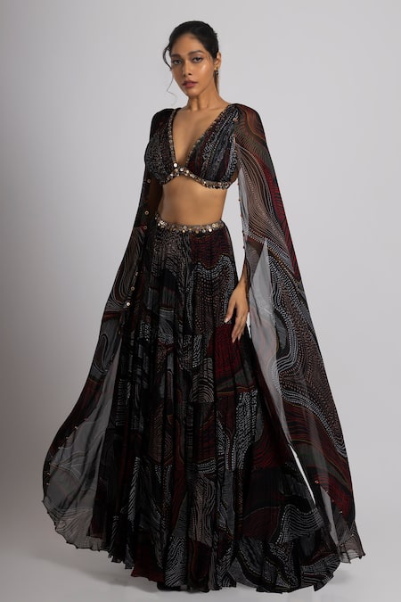 Rajat K Tangri Abstract Pattern Lehenga With Cape Sleeve Blouse 