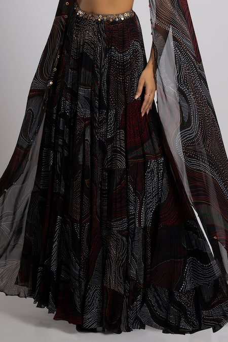 Buy_Rajat K Tangri_Black Georgette Sequin Plunging Abstract Pattern Lehenga With Cape Sleeve Blouse _Online_at_Aza_Fashions