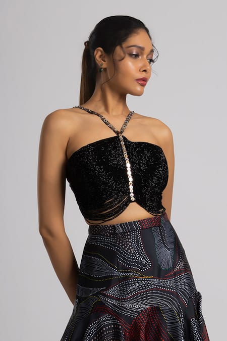 Rajat K Tangri_Black Crepe, Taffeta Chains Halter Neck Embroidered Blouse And Flared Skirt Set _Online_at_Aza_Fashions
