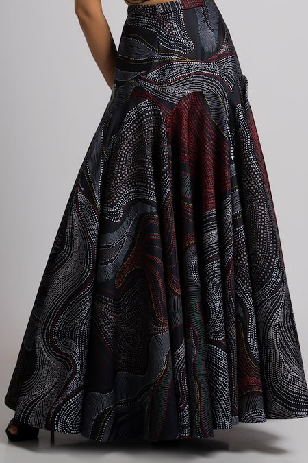 Buy_Rajat K Tangri_Black Crepe, Taffeta Chains Halter Neck Embroidered Blouse And Flared Skirt Set _Online_at_Aza_Fashions