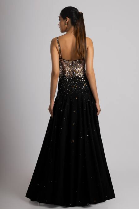 Rajat K Tangri_Black Organza, Linen, Satin Sequins Sweetheart Neck Embroidered Gown And Dupatta _Online_at_Aza_Fashions