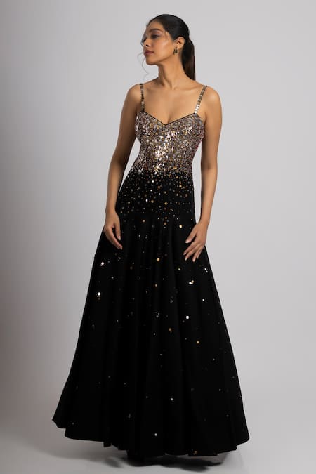 Buy_Rajat K Tangri_Black Organza, Linen, Satin Sequins Sweetheart Neck Embroidered Gown And Dupatta _Online_at_Aza_Fashions